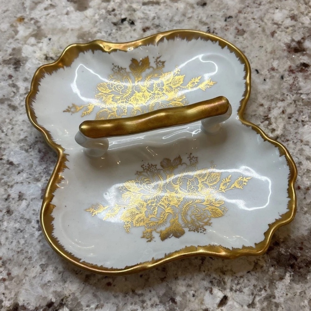 Vintage Hand-painted Limoges Porcelain Rose and Gold Divided Dish with Handle